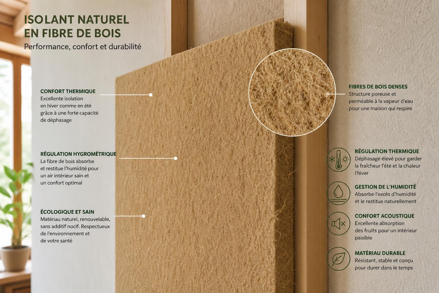 découvrez les avantages de l'isolant en fibre de bois pour votre maison en 2026 : efficacité thermique, respect de l'environnement et confort optimal toute l'année.